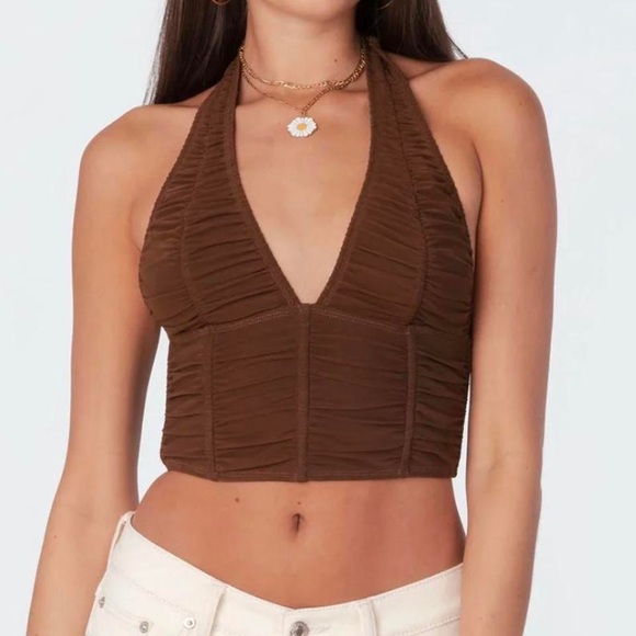 Edikted Brown Mesh Halter Corset Crop Top XS - Picture 1 of 10